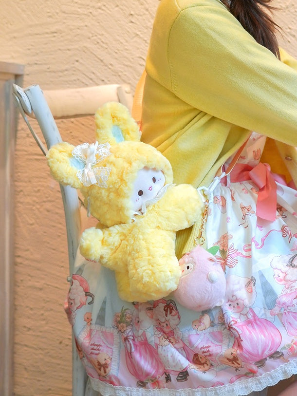 黄色いウサギの形の蝶結びのぬいぐるみバックパック ミドル/ラージサイズ