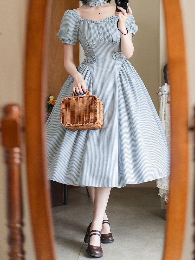 Neckline Sleeves Puff Retro Striped Fabric Blue Dress Square Fashion Vintage