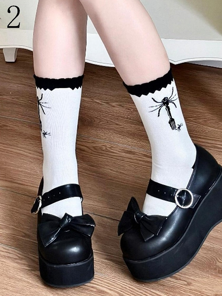 Spider Polka-dot Socks Lolita Calf Black Fork Pattern
