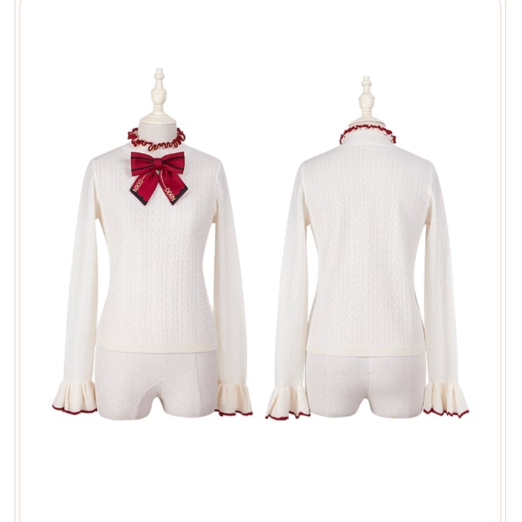 Ruffle Aprioct with Bowknot Long Top Red Sleeves Neckline