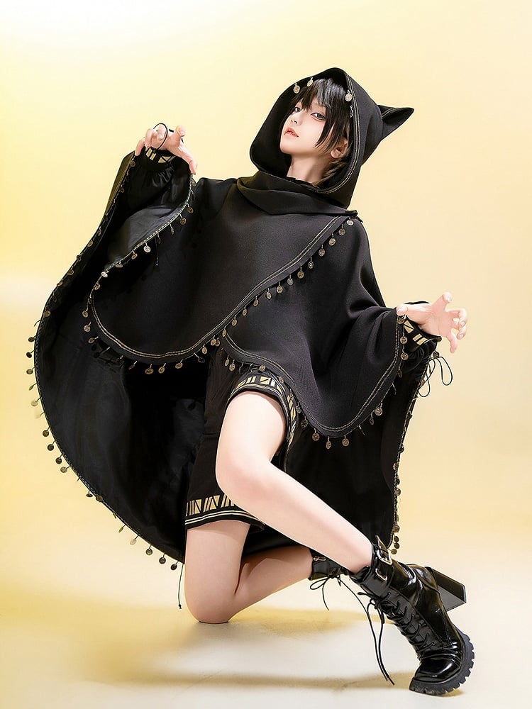 Fashion Cat High-low Ears Hem (Do Machine Black Ouji Not Wash) Cape Hooded