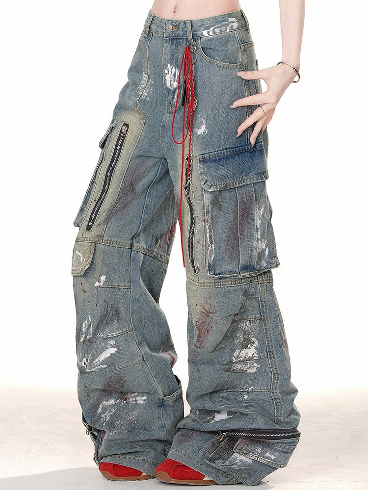 Blue with Wide-leg Cut Design Zipper Cargo Jeans Spray Paint Print