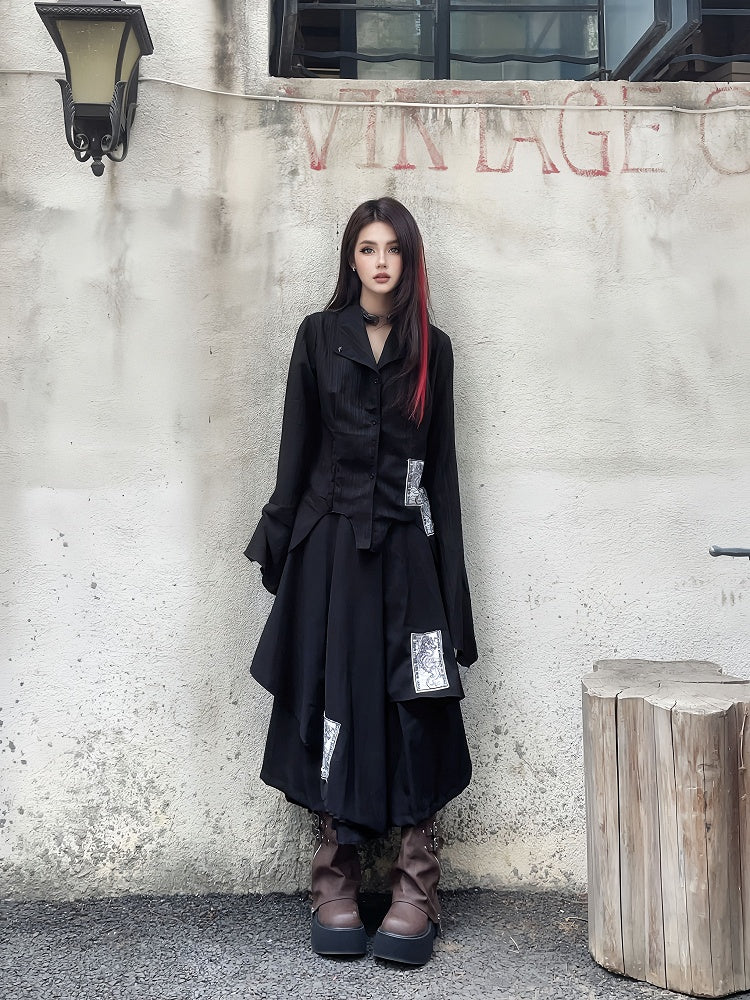 Appliques Black Punk Asymmetrical Layered Wide-Leg Pants