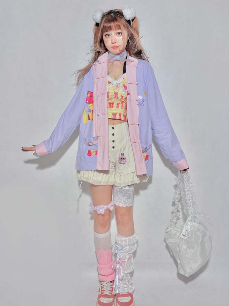リバーシブル ピンク&パープル バンドカラー ボウバックルシャツ