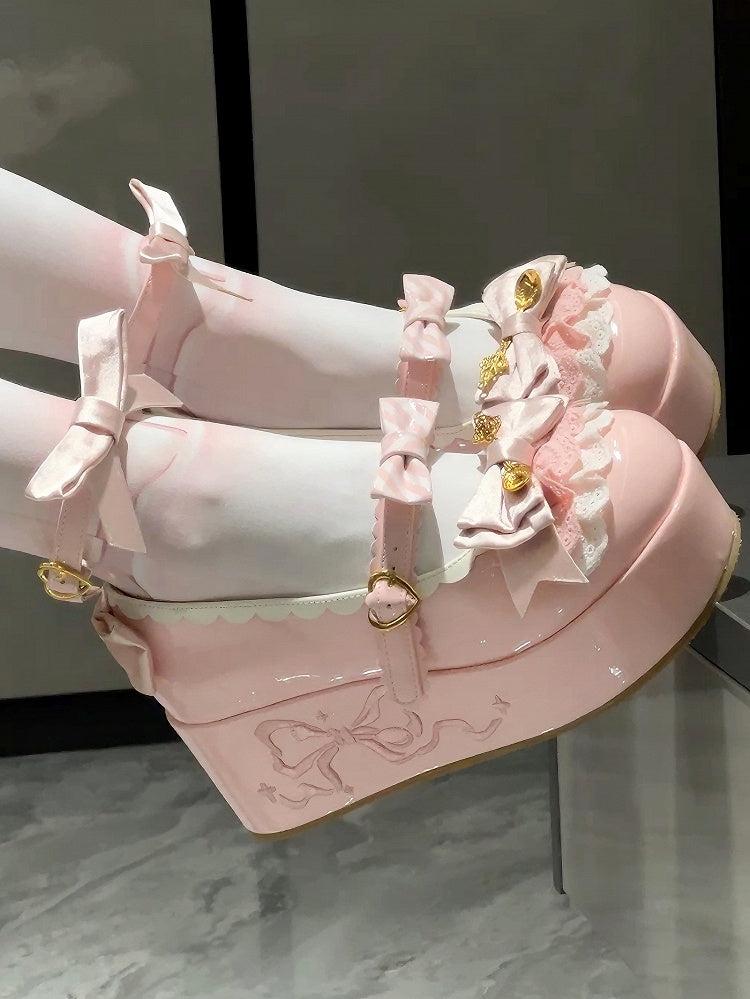Lolita Sweet Pink Platforms Bowknot Decorated Details Spoon