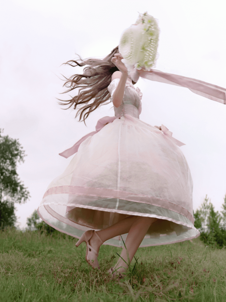 Painting Dress with Organza Overlay Oil Pink Water Lily Print Basque Waist Light