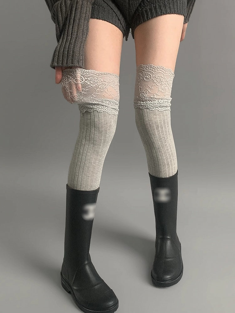 Lace Gray/Beige/Light Gray White/Black/Dark Knitted Over-knee Trim Stockings