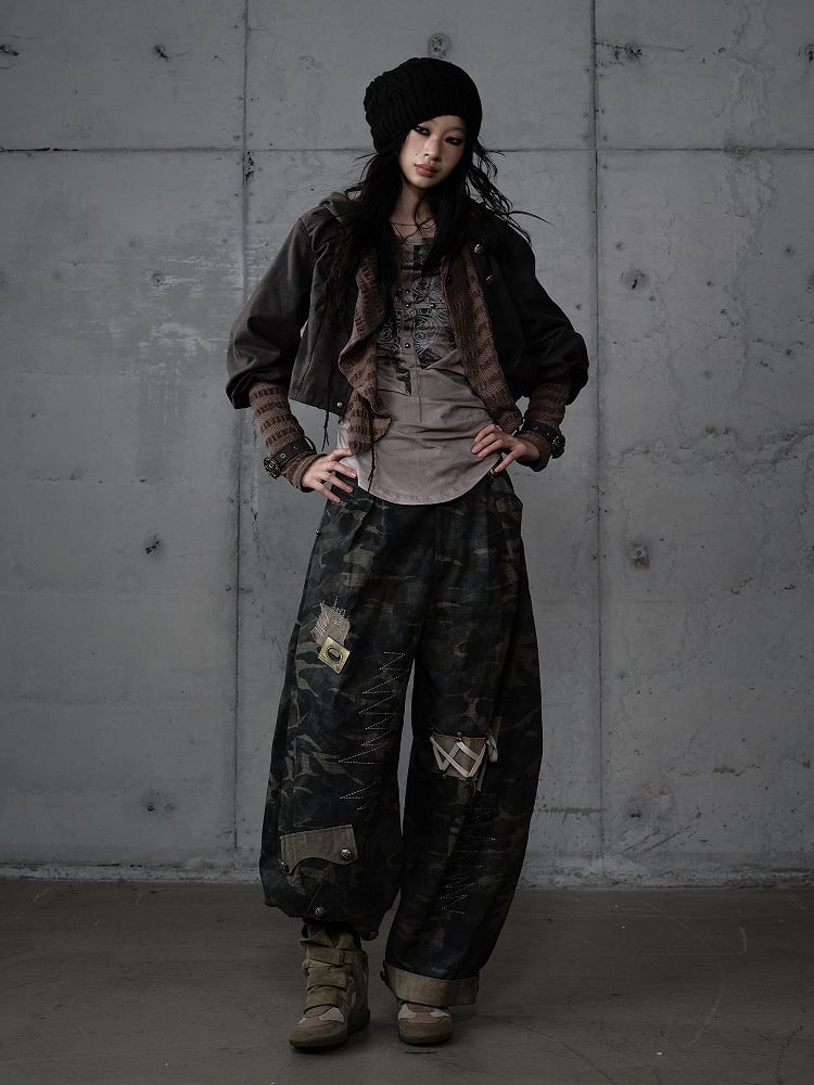 Pants Cargo Zigzag Punk Deconstructed with Camo Embroidery Vintage Design