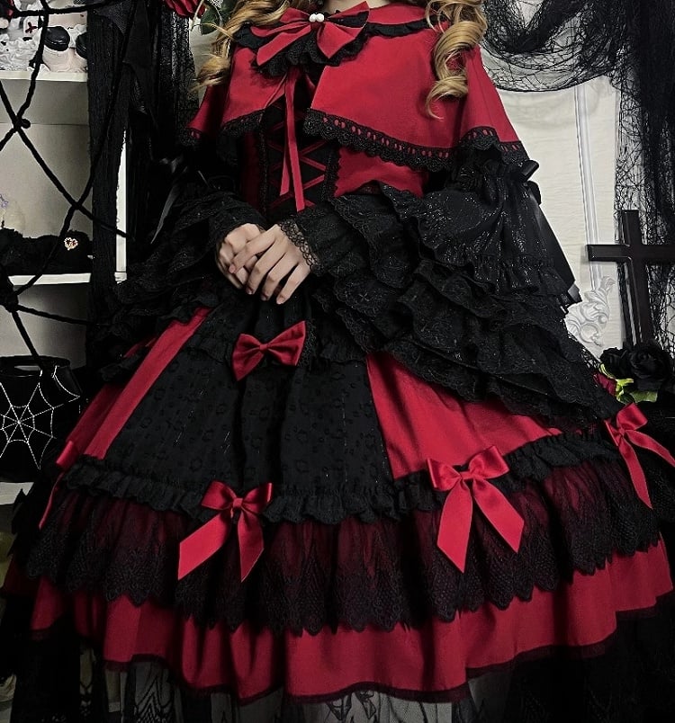 赤と黒のオールドスクールロリータファッションドレス蝶結びJSKセット
