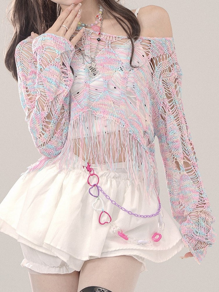 Colerful Hollow-Out Knit Top with Distress Trim One-Shoulder