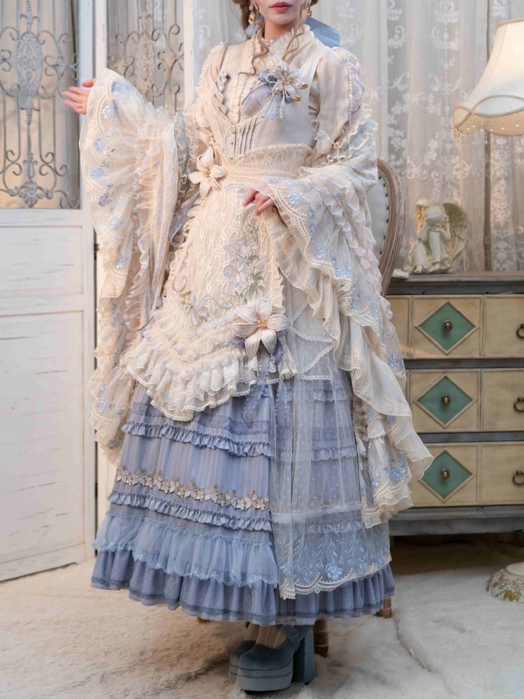 ユリの刺繍アップリケレイヤードヘムブルークラシックロリータドレスフロントボタンプラケット