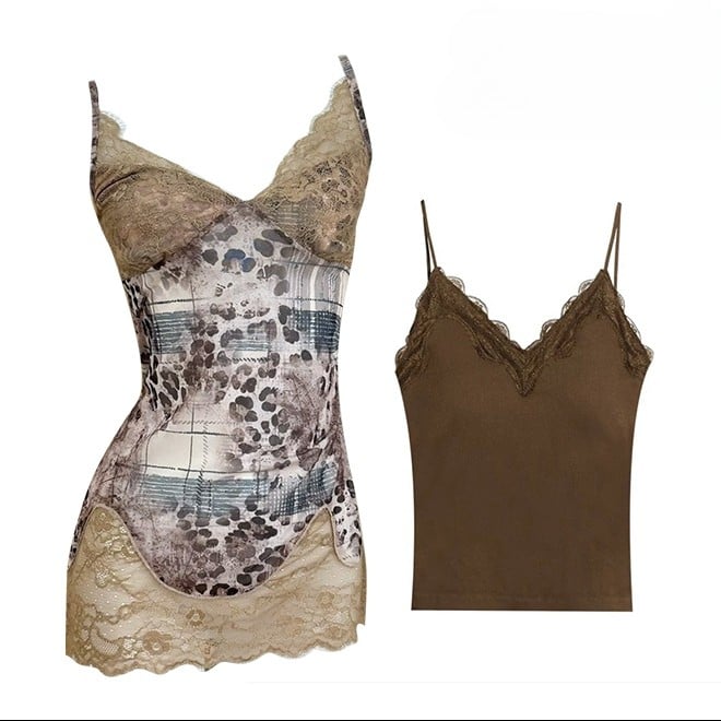 Trim Leopard Pattern Cami Top Y2K V-neck Patches + Contrast Brown Lace