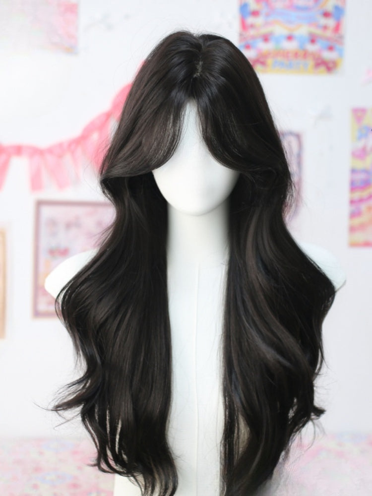 Schwarzer Tee, Unterbrustlänge 65 cm, gewellte Perücke mit Vorhangpony