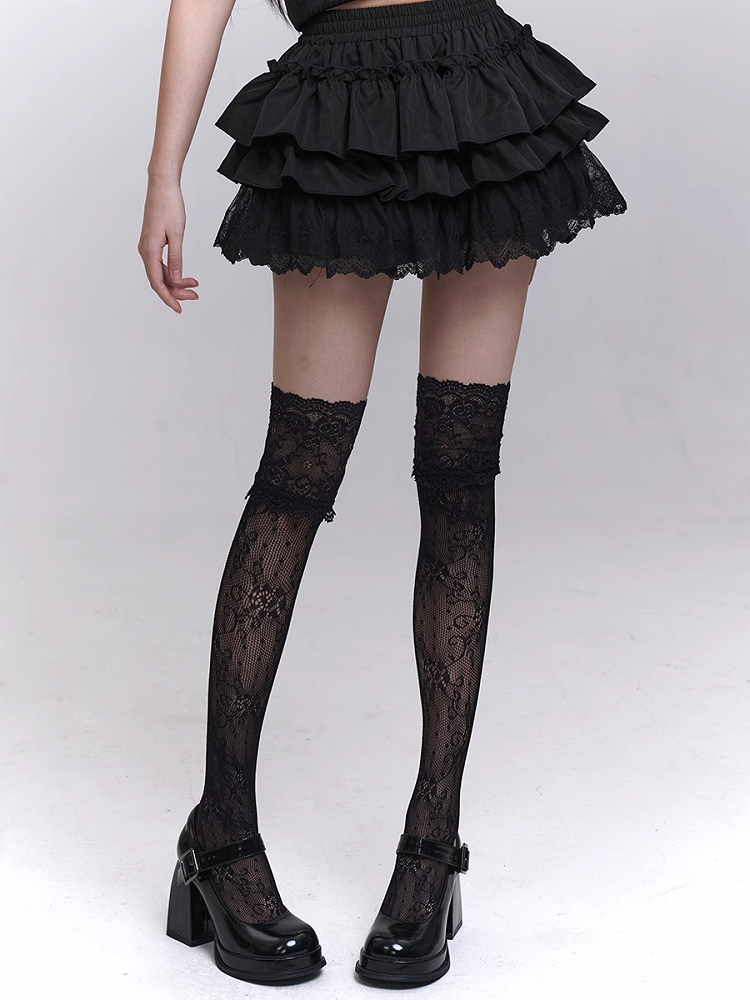 Bloomers Black Elastic Waist Lace Trim Mini Tiered Skirt Lining