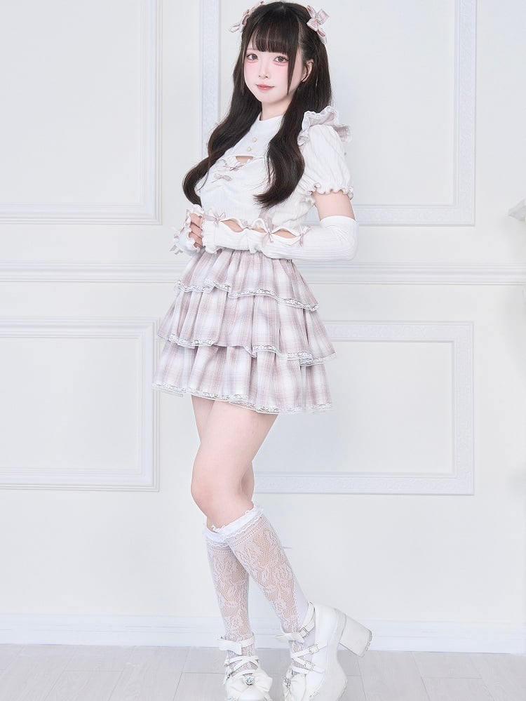 Warmers Knitted Matching Top Pink Kei Jirai Hem - White Lettuce Arm Sleeves