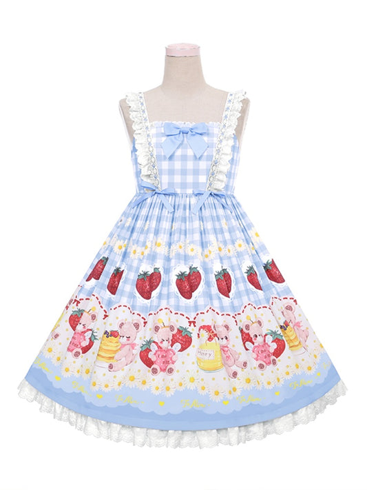 Light Blue Plaid Strawberry and Bear Print Cottagecore Country Sweet Lolita Dress Jumper Skirt