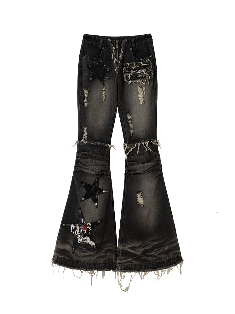 Patches Black PU Flared Rock Star Punk Wasteland Hem Washed Raw Jeans with