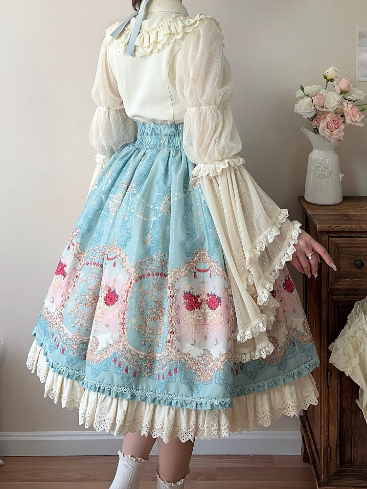 Blauer eleganter Lolita-Rock mit Korsettgürtel und hoher Taille und Blumen- und Mond-Print
