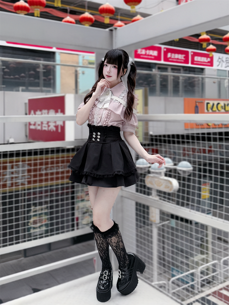 Skirt High Tiered Black Kei Waist Jirai