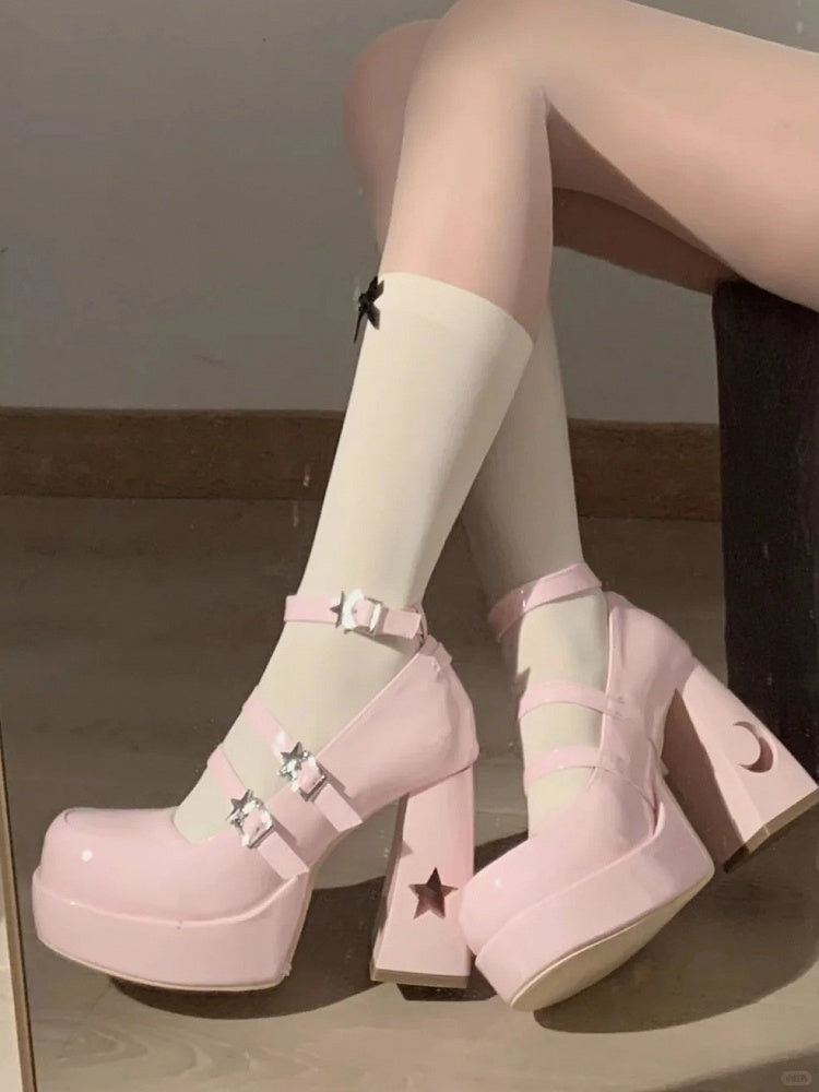 Back Heel Design Cutout in Pink Style - Janes Y2K Bow Moon Star Leather Mary Platform PU
