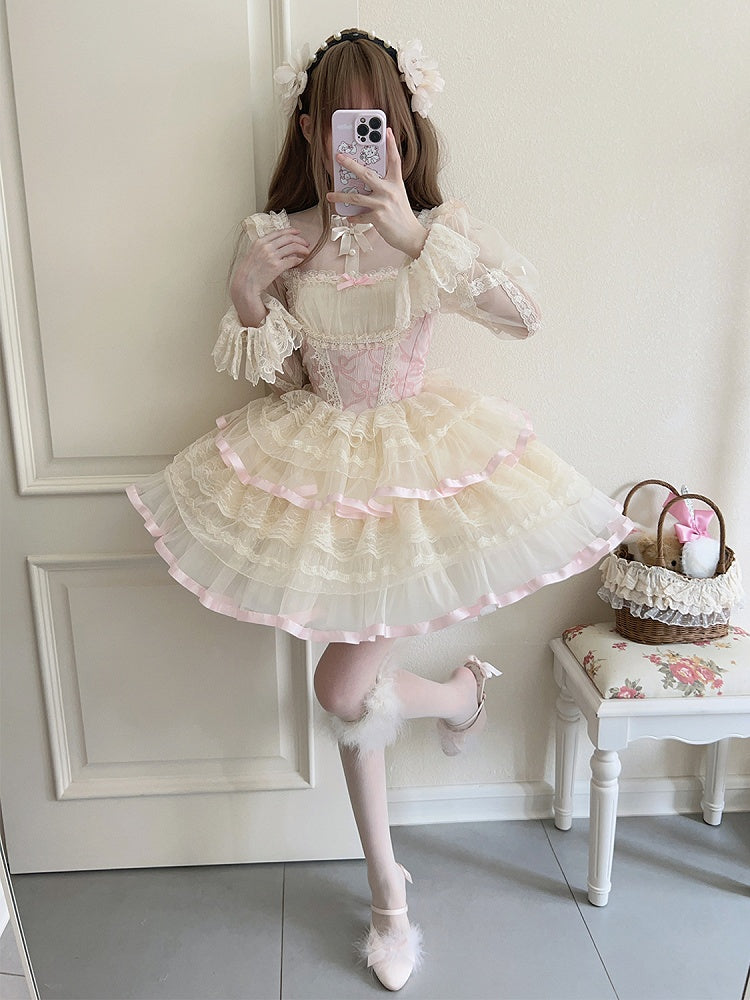 Waist Balletcore Print Bows Jumper Pink Skirt Basque Lolita