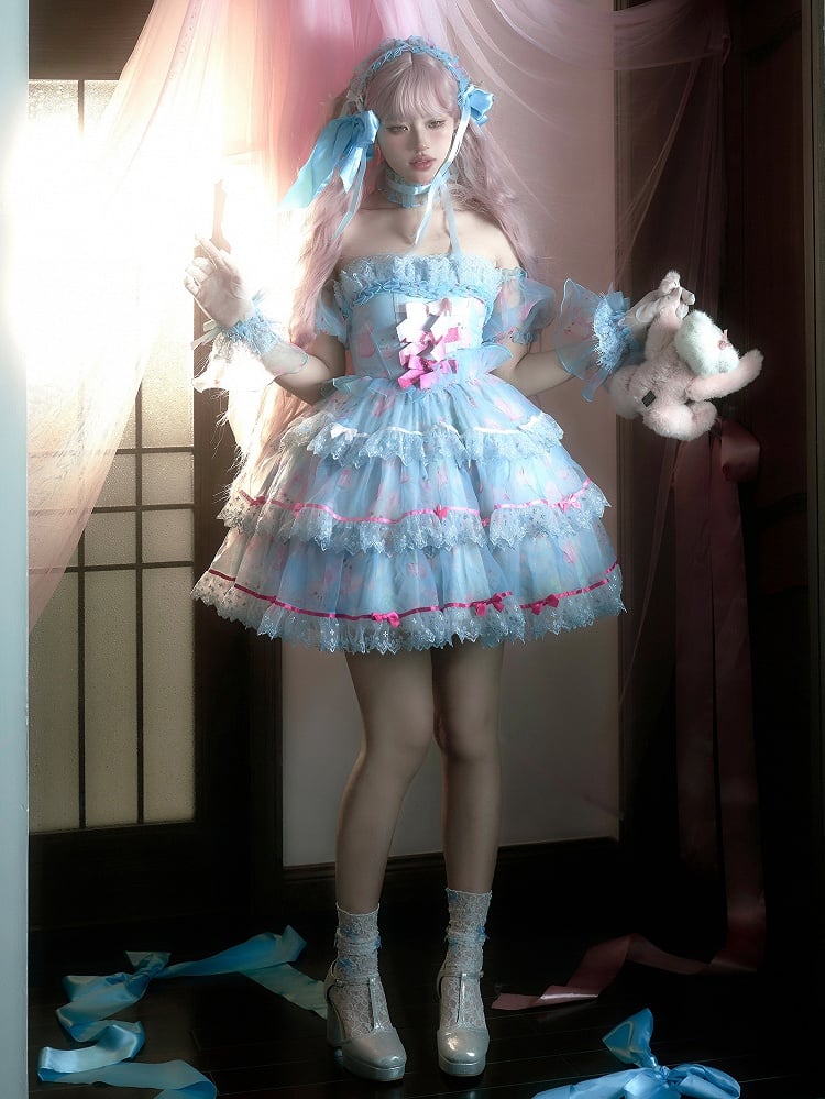 Bunny Blue Bow Boning Satin Dress Accents Cute Lolita Print