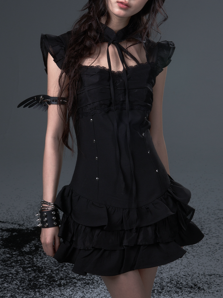 Black Gothic Punk A-Line Puff Dress with Lace Metal Studs