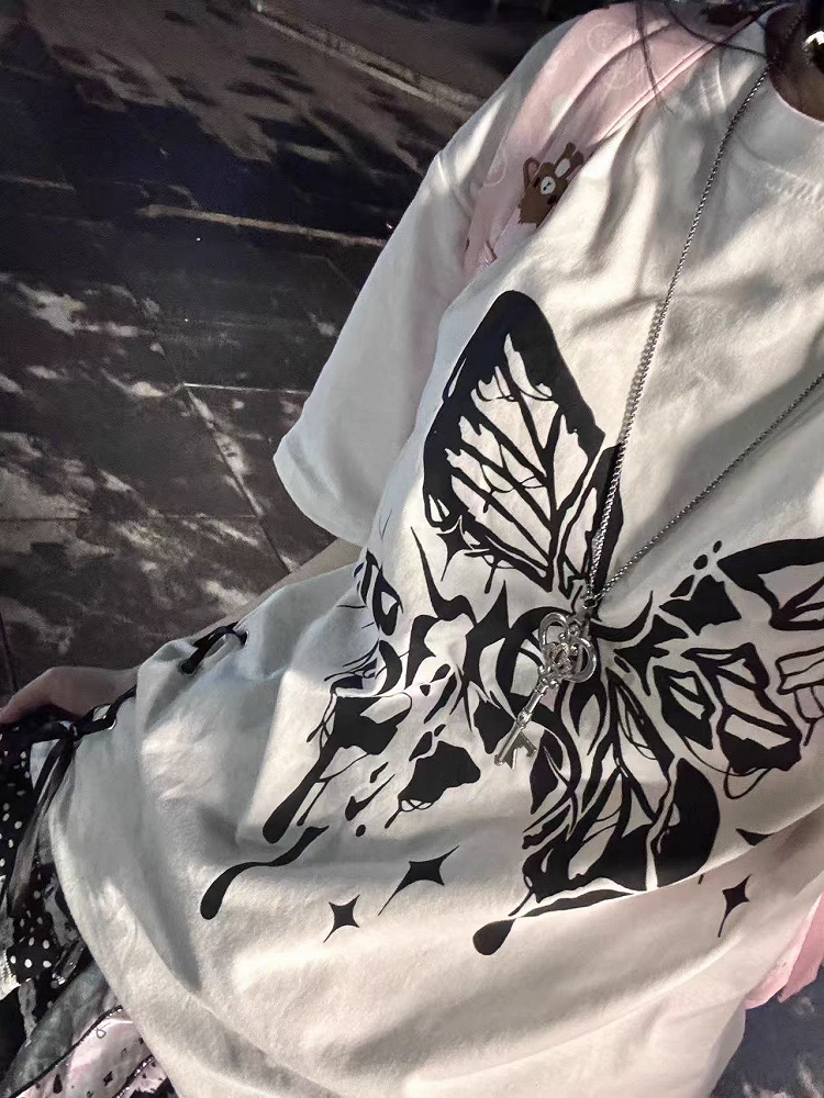 Kei T-shirt Jirai Broken Butterfly Print Lace-up Side Black/White