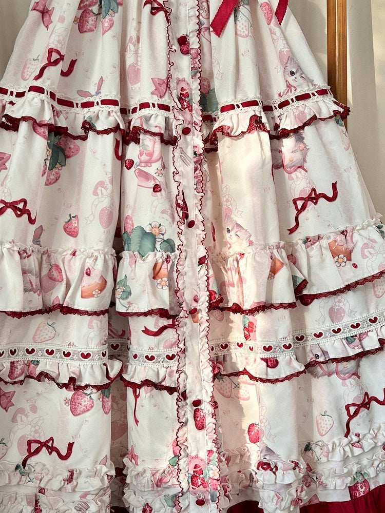 Kitty and Strawberry Print Spring and Summer Cottagecore Lolita Dress