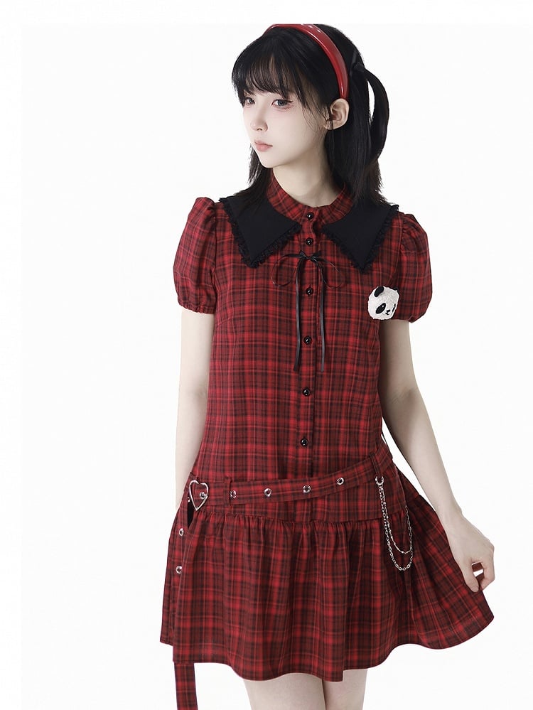 Buckle Plushie and Belt with Panda Red Black Puff Sleeves Plaid Dress