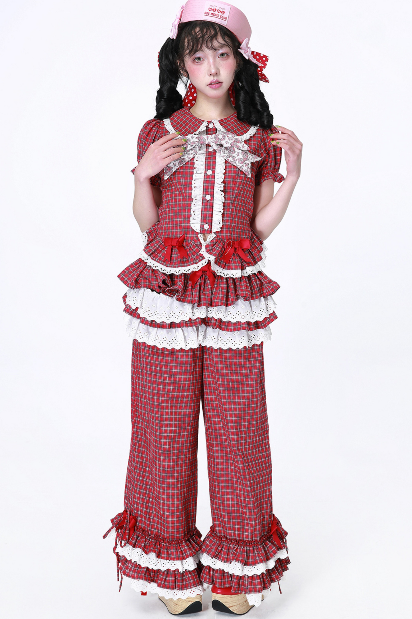 Check Lace Ruffle Retro Long Pants
