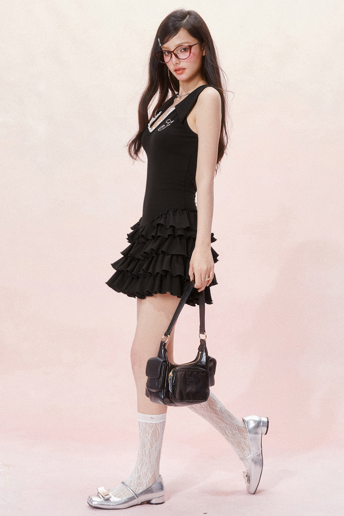 Slim Cake Dress Fit Sleeveless Chic Ruffle V-Neck