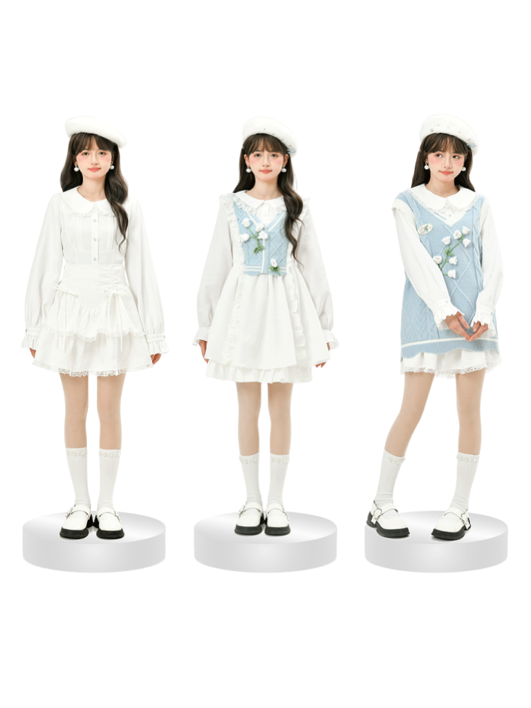 Ensemble Bellflower, robe chemise, jupe et gilet