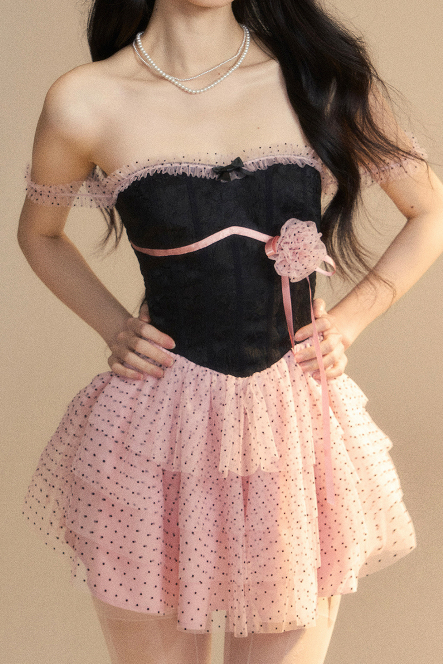 Top Lace Pink Tube Black Dress