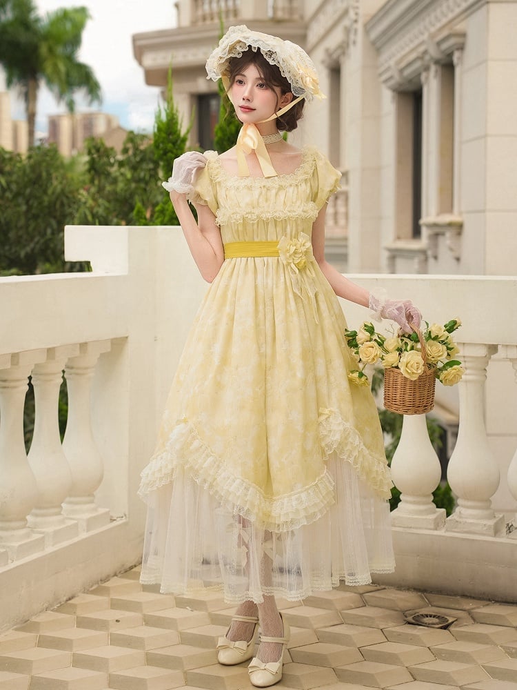 Light and Dress High Waist Lolita Butterfly Neckline Versatile Yellow Bows Print