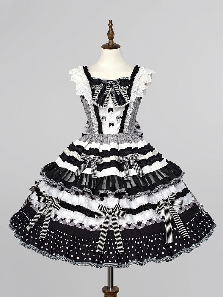 Bow Skirt Lolita Sweet and Black Tiered White Oreo Cake Accents Dress