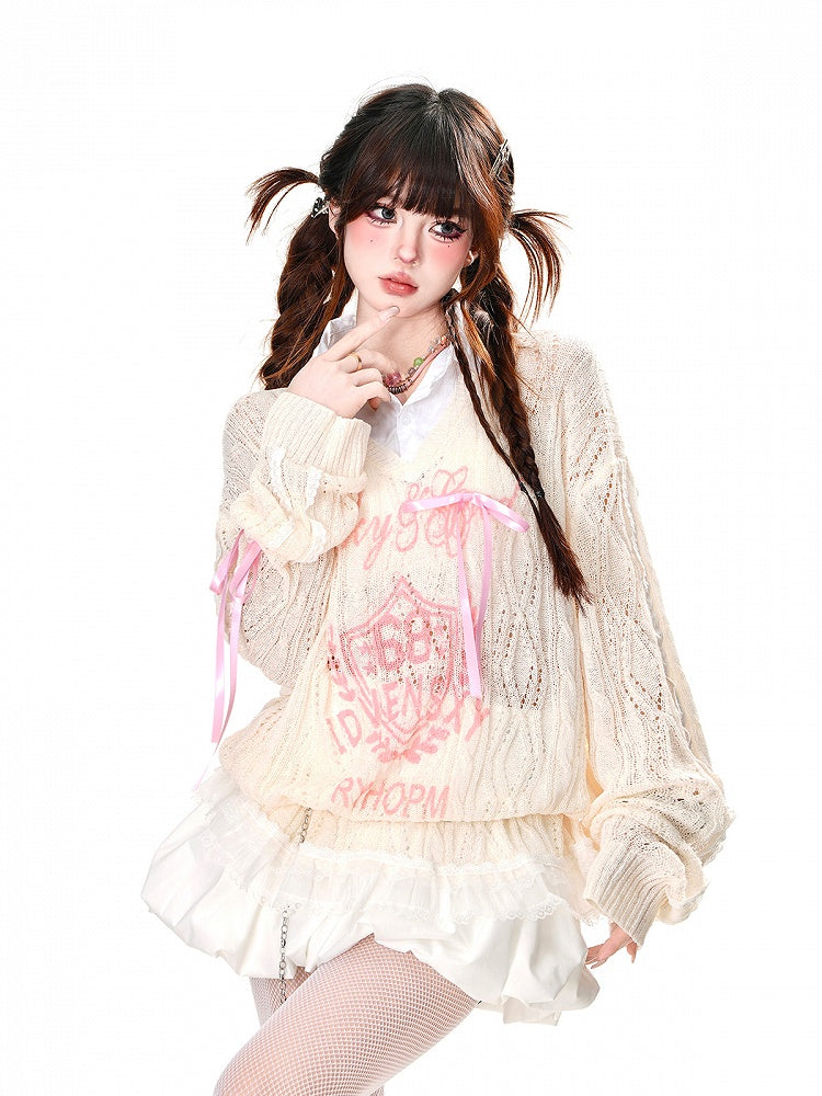 Apricot/Black Semi-sheer Polo Collar Sun Protection Hollow-out Top Faux