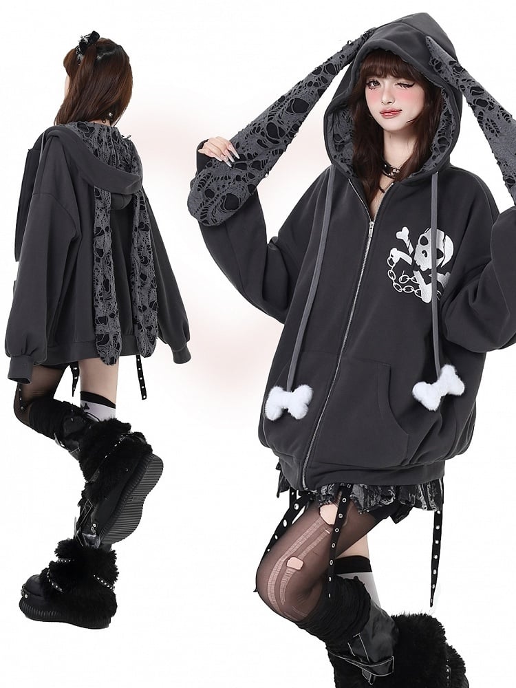Y2K Skelett Print Hasenohren Kapuze Punk Zip Hoodie