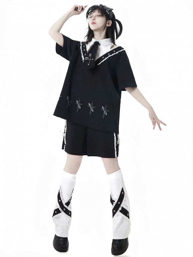 Collar Pin Cross Print T-Shirt Tie Free with Black Shirt