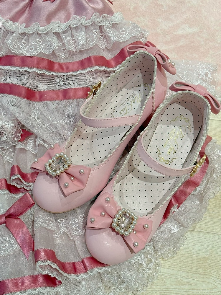 Schuhe Janes Bowknot Strass verziert und rund Mary Lolita Details Perlen Zehen rosa