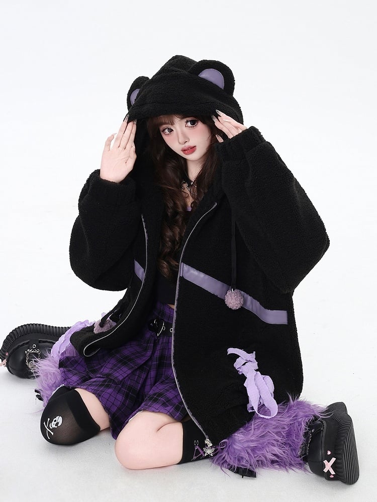 Black Lace-up Detail Bear Ear Thick Hooded Coat