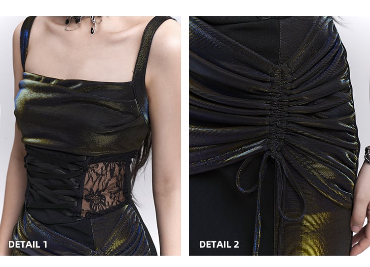 Waist Drawstring Black Lace Hip Sleeveless Dress Patches