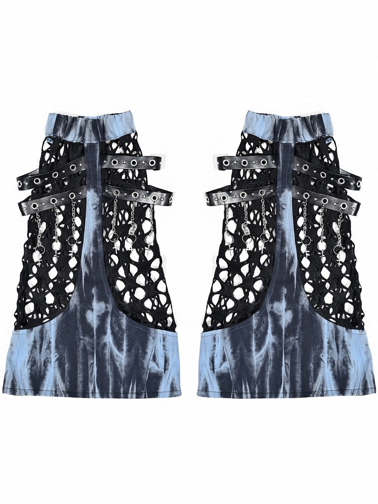 Grunge Punk Rock Mesh Patchwork Blau und Schwarz Tie Dye Beinwärmer Riemen mit Ketten