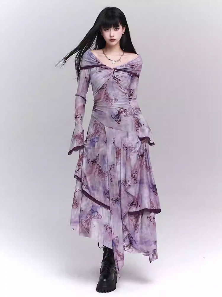 Purple/Dark Gray/Apricot Off-the-Shoulder Butterfly Print Twist Detail Dress