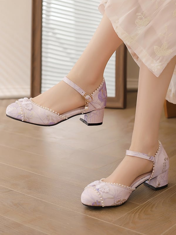 Top Details Beads at Heel Lolita Qi 4cm Frog Satin Sandals Button Purple