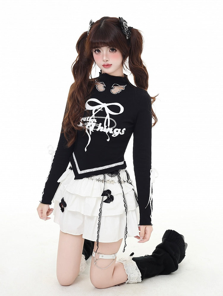 Print Cutout Bowknot Curved Hem Top Red/Black Mock Wing-shaped Vintage Neck