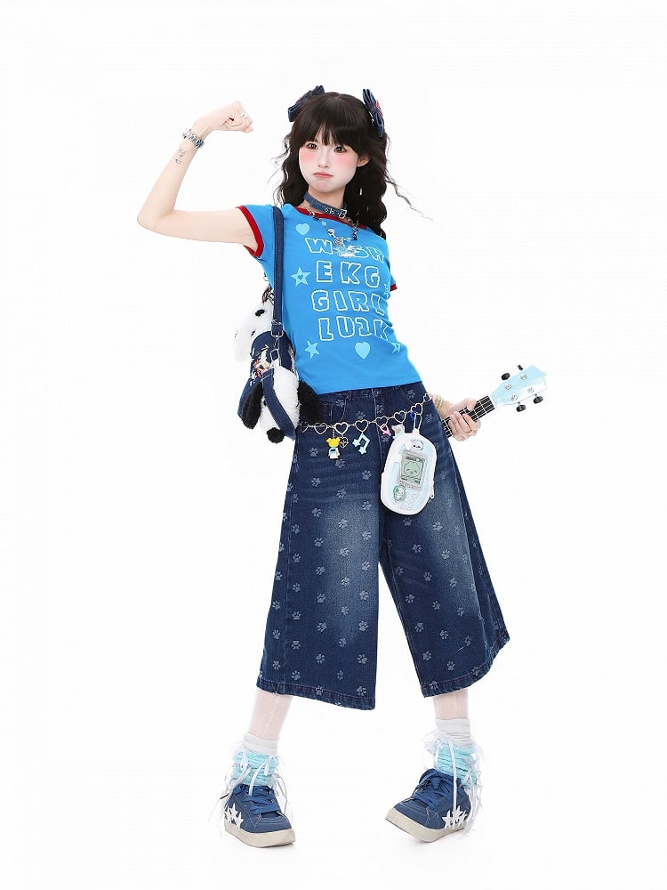 Daily Kawaii Blue Fitted Shoulder T-Shirt with Letter Print