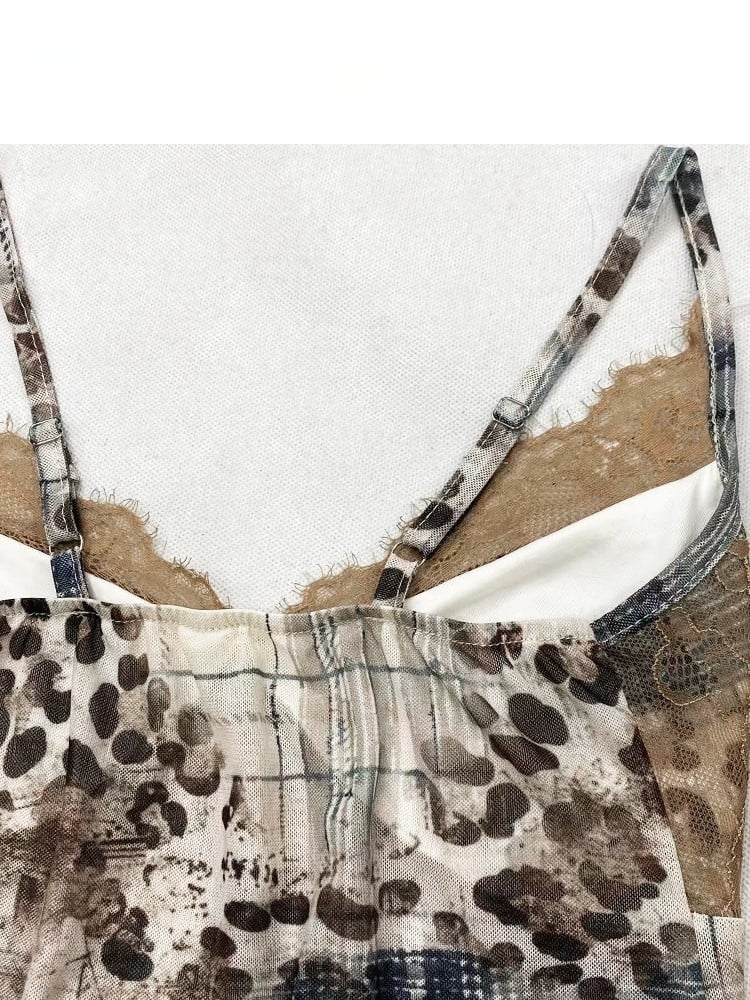 Trim Leopard Pattern Cami Top Y2K V-neck Patches + Contrast Brown Lace