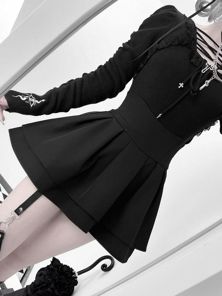 Lace-up Gothic Eye and Cross Embroidery Black Snake Knit Top with Straps Neckline
