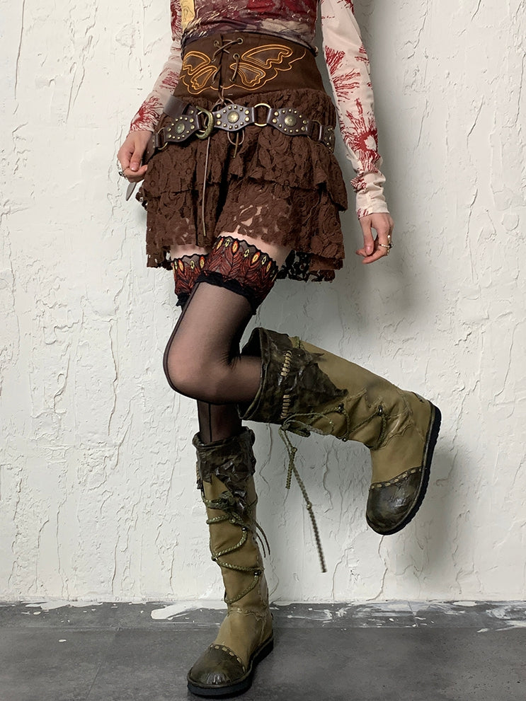 Black Peacock Trim Stockings Y2K Feather Pattern Overknee Lace